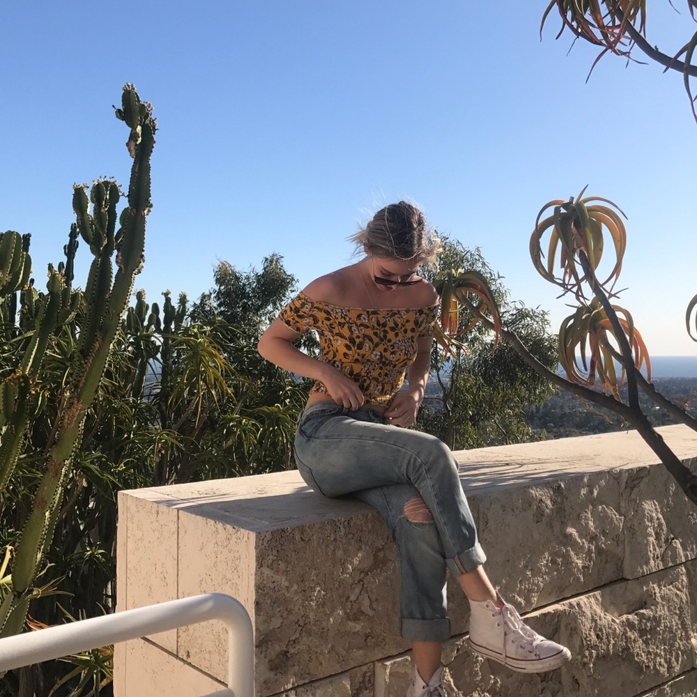 Floral Ruched of the Shoulder Crop Top